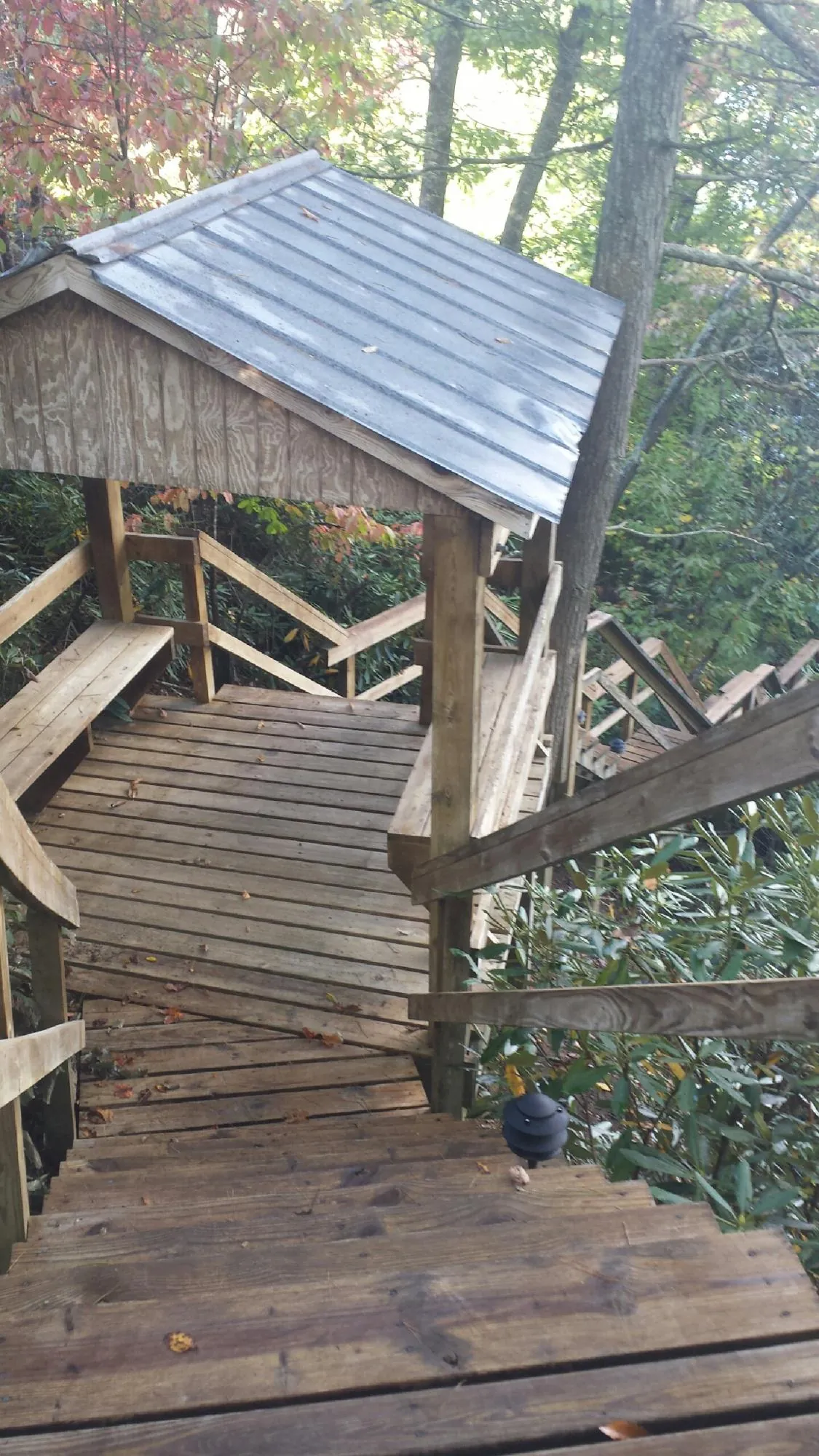 Metal roofed shelter over wooden steps on a wooded walkway — Skylight Repair & Installation work by our crew in Topanga